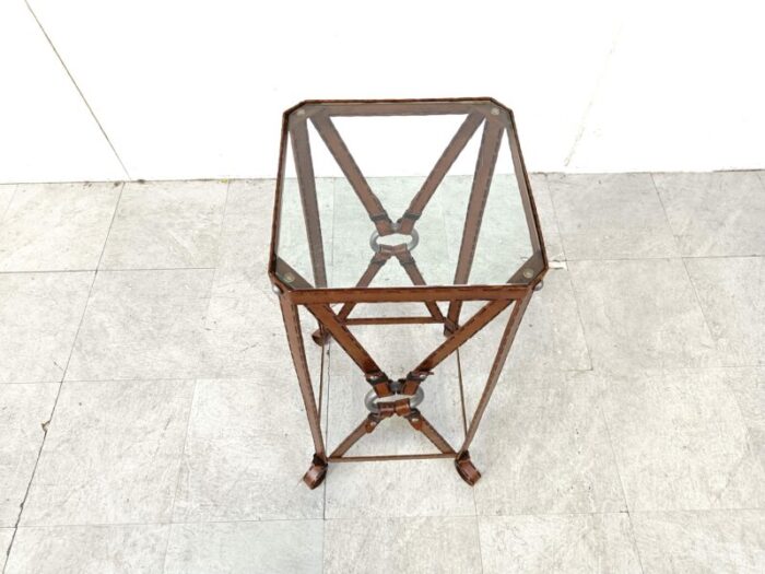 iron and faux leather side table in the style of jacques adnet 1970s 5327