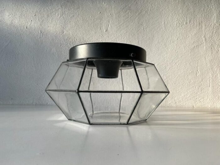 iron structured glass sconce or flush mount from limburg germany 1960s 7