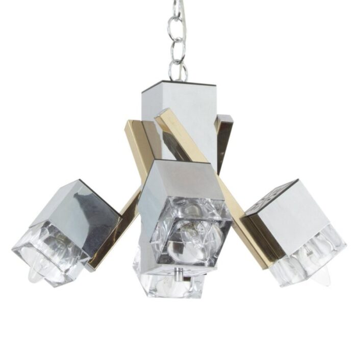 italian 4 light chandelier with glass cubes chrome and gold geometric structure by gaetano sciolari for stilnovo 1 1