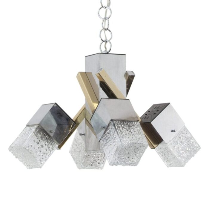 italian 4 light chandelier with glass cubes chrome and gold geometric structure by gaetano sciolari for stilnovo 1