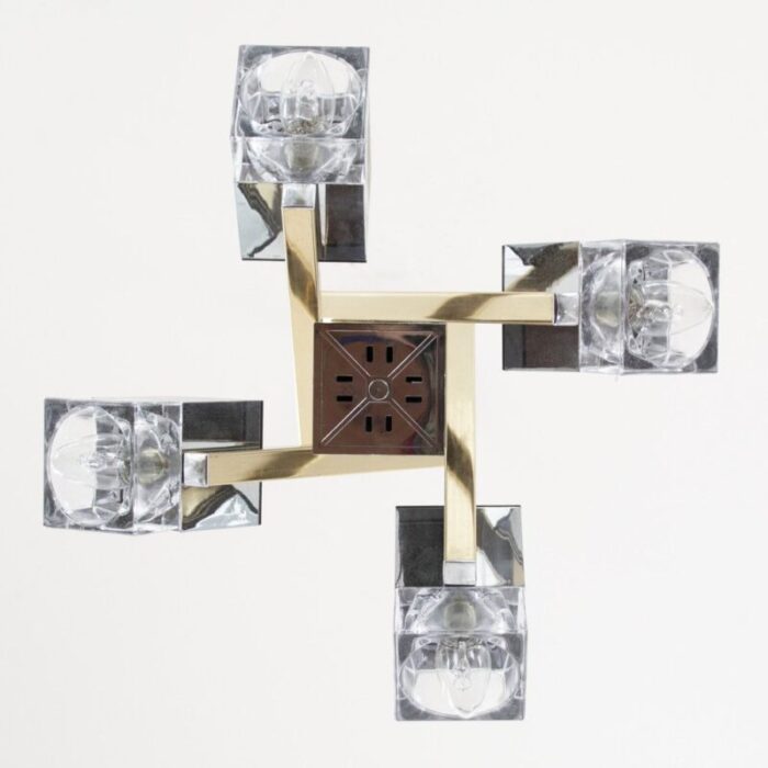 italian 4 light chandelier with glass cubes chrome and gold geometric structure by gaetano sciolari for stilnovo 10