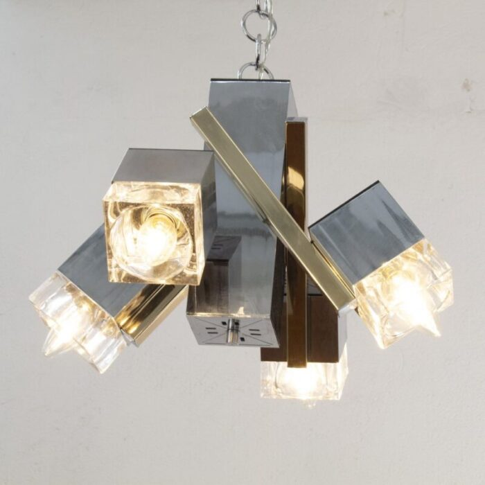 italian 4 light chandelier with glass cubes chrome and gold geometric structure by gaetano sciolari for stilnovo 2 1