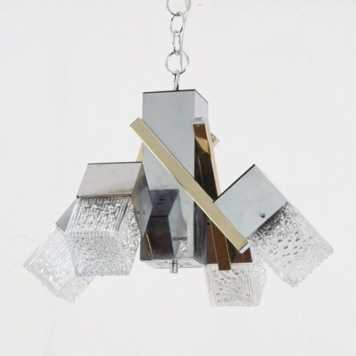 italian 4 light chandelier with glass cubes chrome and gold geometric structure by gaetano sciolari for stilnovo 2