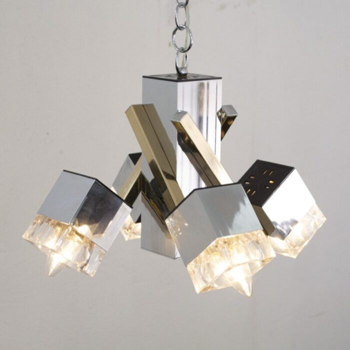 italian 4 light chandelier with glass cubes chrome and gold geometric structure by gaetano sciolari for stilnovo 3 1