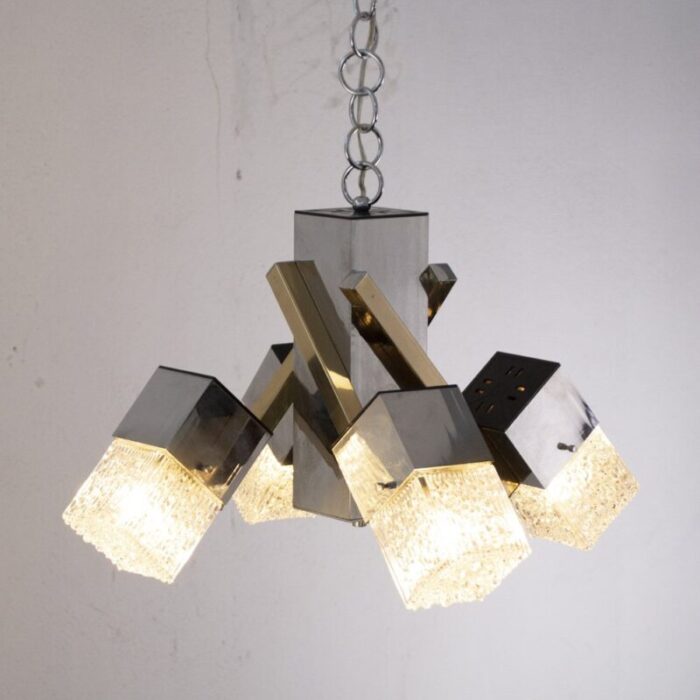 italian 4 light chandelier with glass cubes chrome and gold geometric structure by gaetano sciolari for stilnovo 3