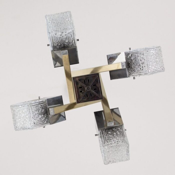 italian 4 light chandelier with glass cubes chrome and gold geometric structure by gaetano sciolari for stilnovo 4