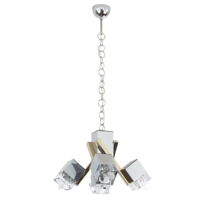 italian 4 light chandelier with glass cubes chrome and gold geometric structure by gaetano sciolari for stilnovo 5 1