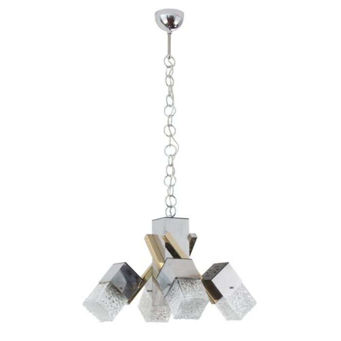 italian 4 light chandelier with glass cubes chrome and gold geometric structure by gaetano sciolari for stilnovo 5