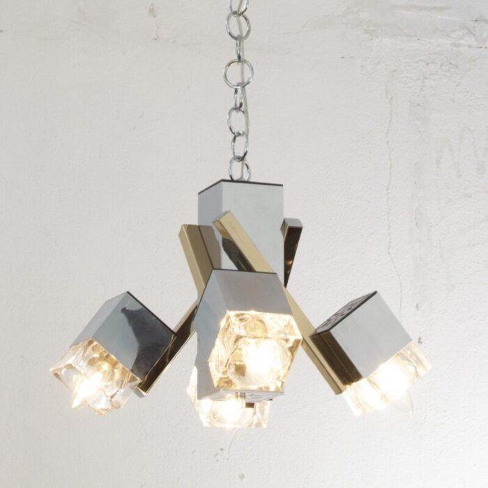 italian 4 light chandelier with glass cubes chrome and gold geometric structure by gaetano sciolari for stilnovo 6 1