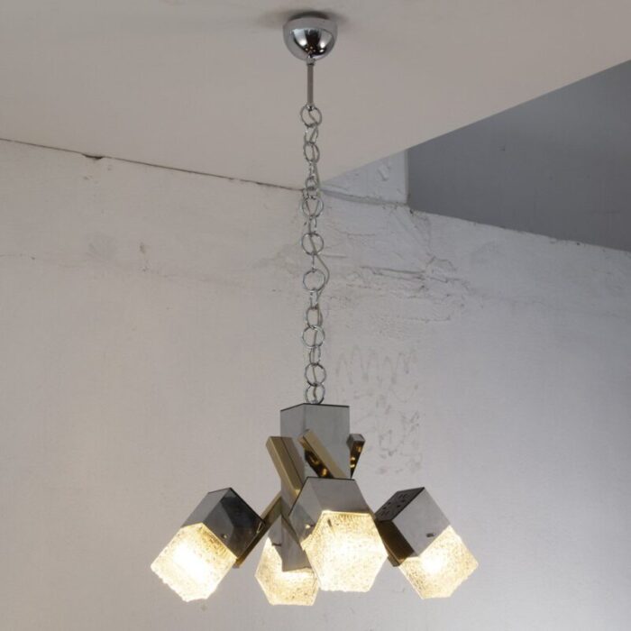 italian 4 light chandelier with glass cubes chrome and gold geometric structure by gaetano sciolari for stilnovo 6