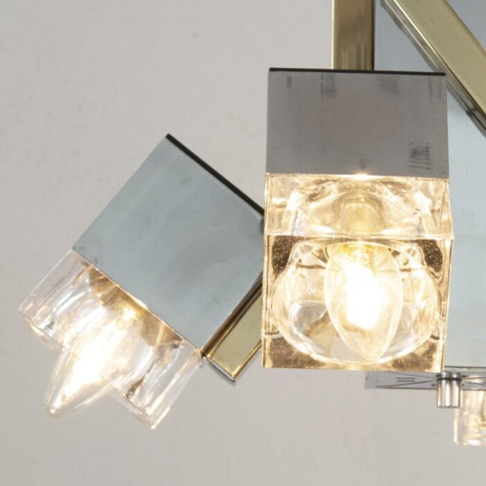 italian 4 light chandelier with glass cubes chrome and gold geometric structure by gaetano sciolari for stilnovo 7 1