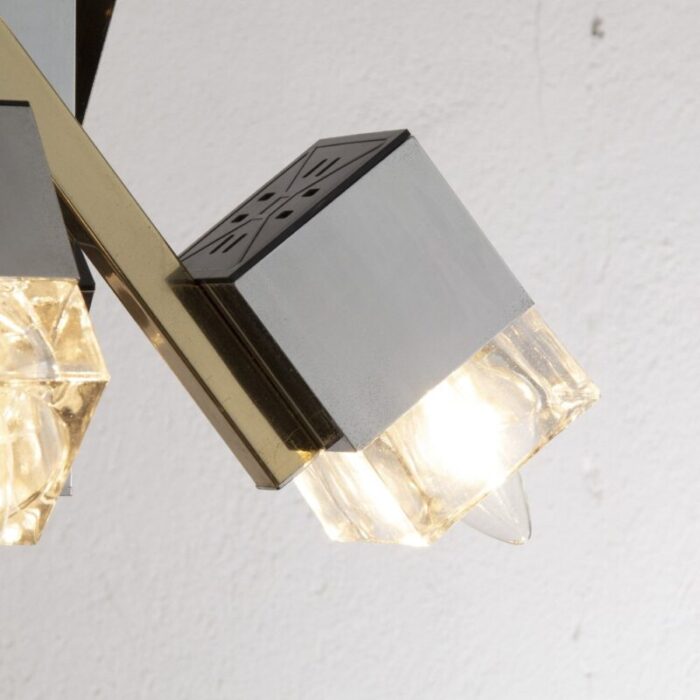 italian 4 light chandelier with glass cubes chrome and gold geometric structure by gaetano sciolari for stilnovo 8 1