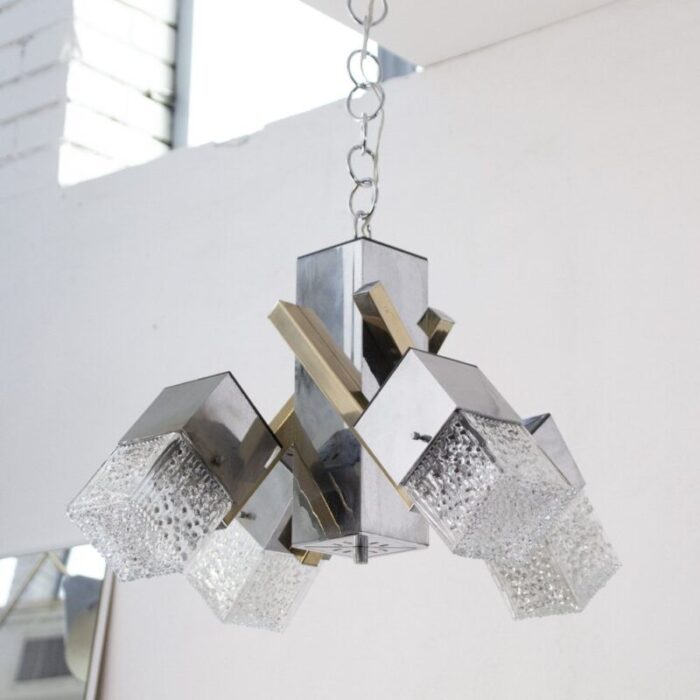 italian 4 light chandelier with glass cubes chrome and gold geometric structure by gaetano sciolari for stilnovo 8