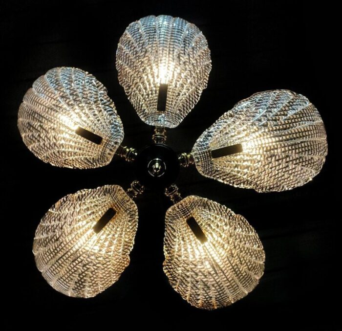 italian murano chandelier five leaves with golden details 1990s 11