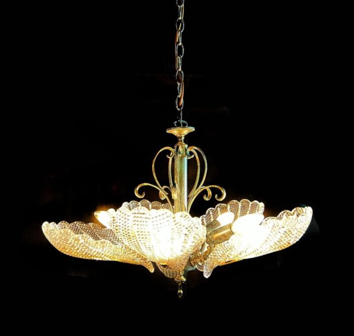 italian murano chandelier five leaves with golden details 1990s 4