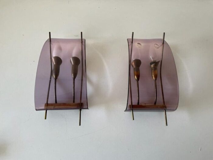 italian purple acrylic brass sconces italy 1950s set of 2 1