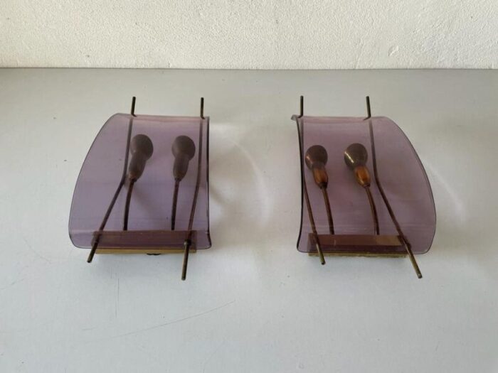 italian purple acrylic brass sconces italy 1950s set of 2 3