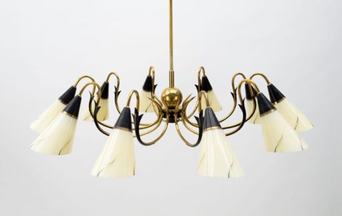 italian ten light sputnik chandelier in brass and glass 1950s 1