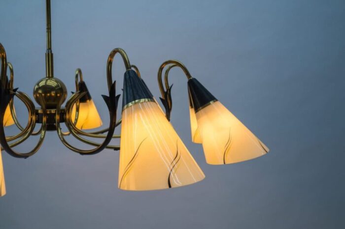 italian ten light sputnik chandelier in brass and glass 1950s 15