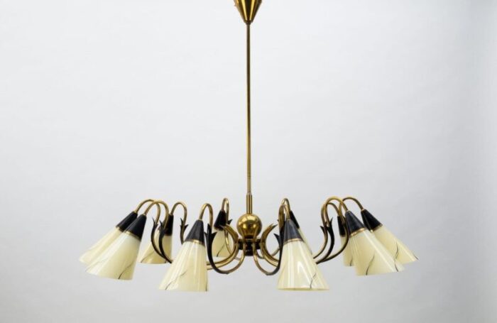 italian ten light sputnik chandelier in brass and glass 1950s 2