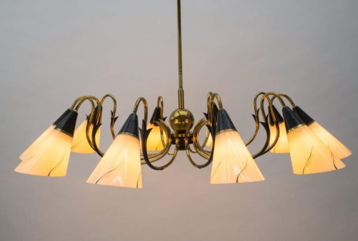 italian ten light sputnik chandelier in brass and glass 1950s 3