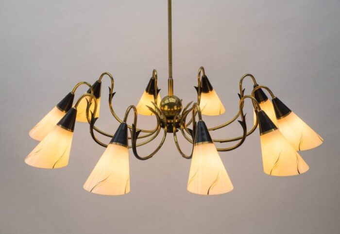 italian ten light sputnik chandelier in brass and glass 1950s 4