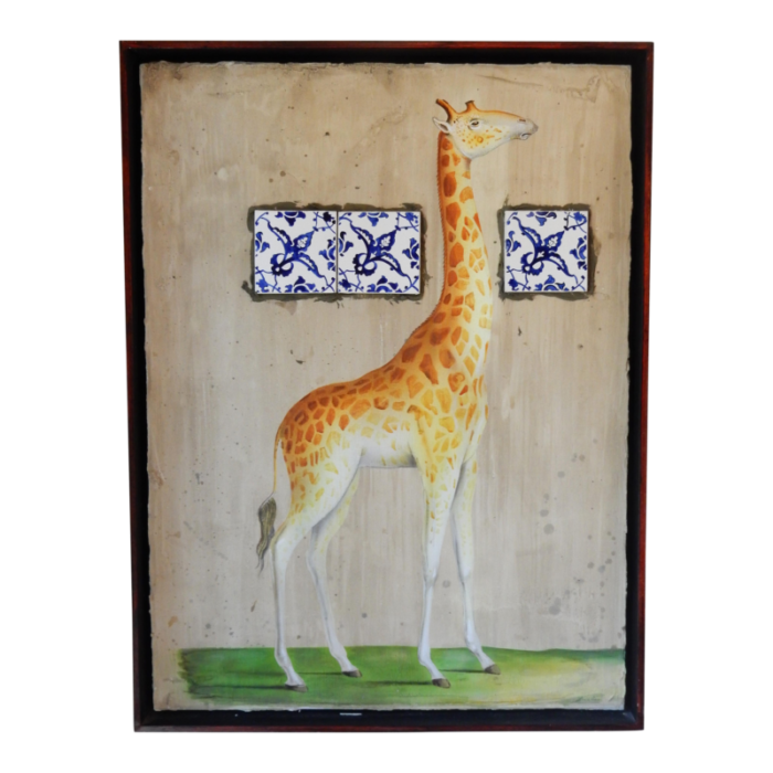 jean paul donadini entre deux giraffe with blue and white tiles collage painting on wood panel 1998 framed 3843