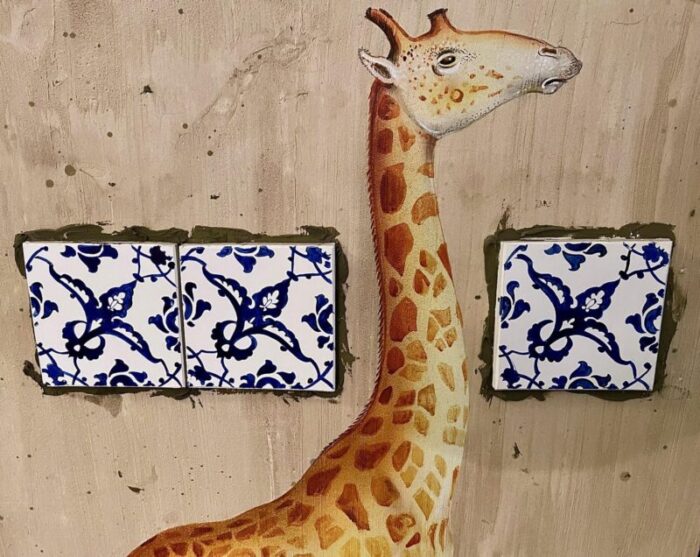 jean paul donadini entre deux giraffe with blue and white tiles collage painting on wood panel 1998 framed 6733