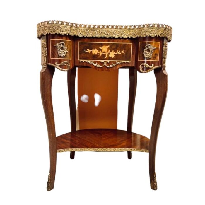 kidney table with marble top marquetry and bronze edges in the style of louis xv 4252