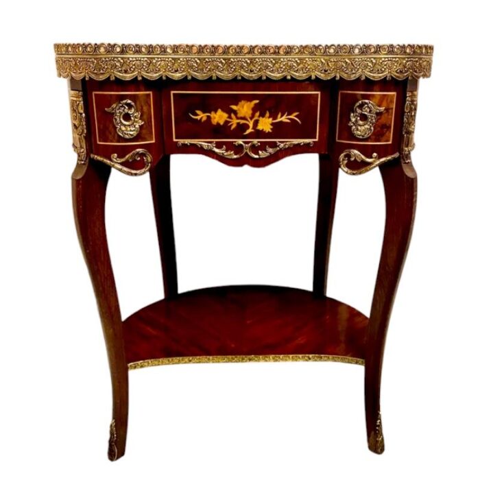 kidney table with marble top marquetry and bronze edges in the style of louis xv 4402