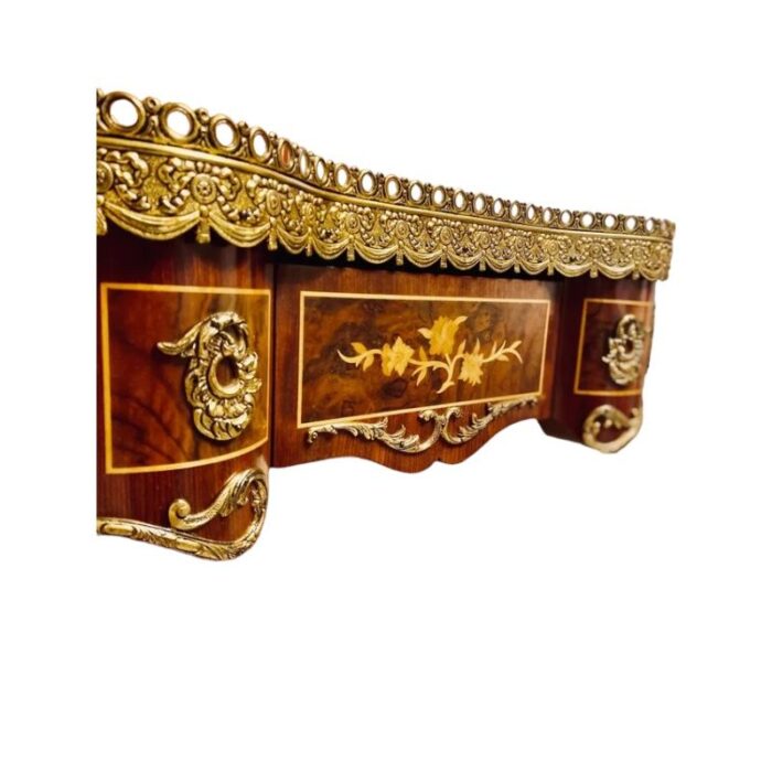 kidney table with marble top marquetry and bronze edges in the style of louis xv 5921