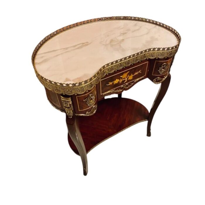 kidney table with marble top marquetry and bronze edges in the style of louis xv 7930