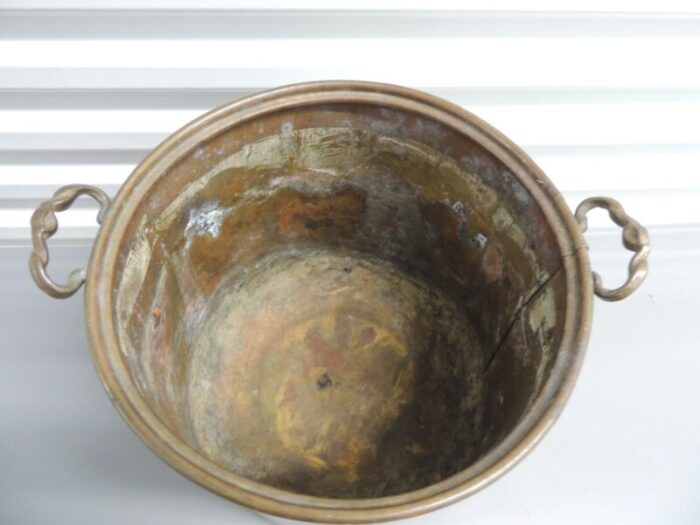 large brass hand hammered cauldron with handles 2535