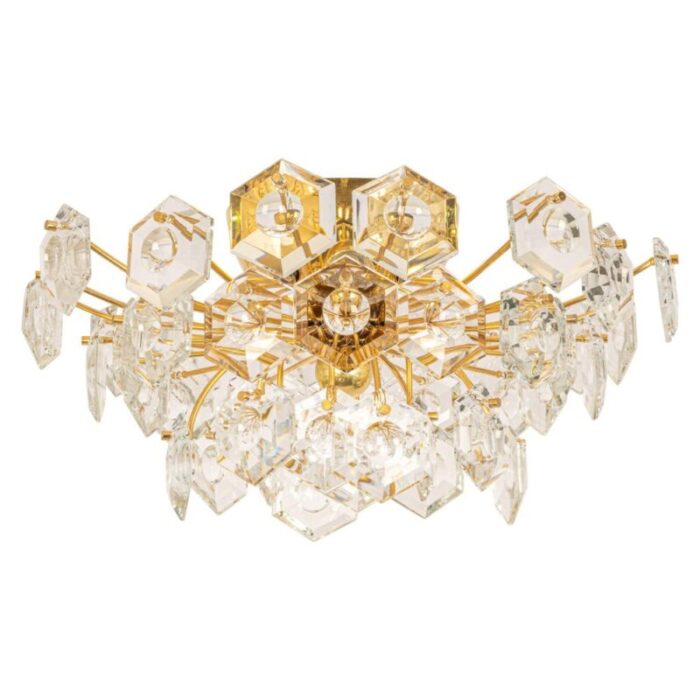 large flush mount in brass and crystal glass chandelier by kinkeldey germany 1970s 1