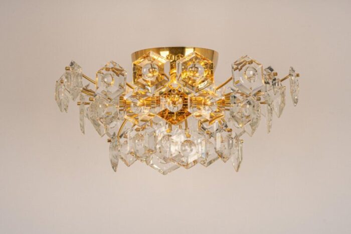 large flush mount in brass and crystal glass chandelier by kinkeldey germany 1970s 5