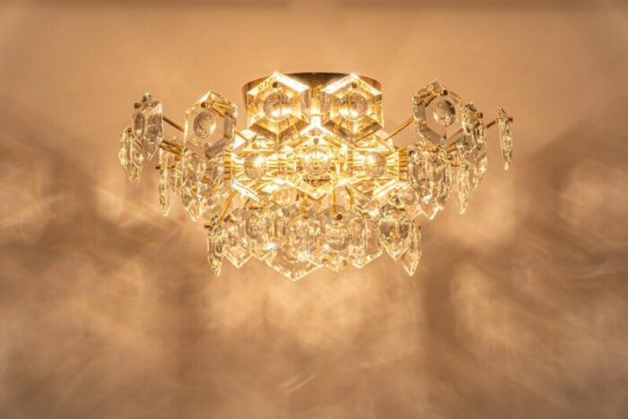 large flush mount in brass and crystal glass chandelier by kinkeldey germany 1970s 8