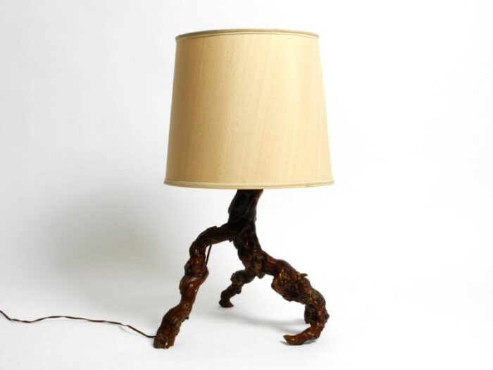 large german root wood table lamp with a large silk shade 1960s 1