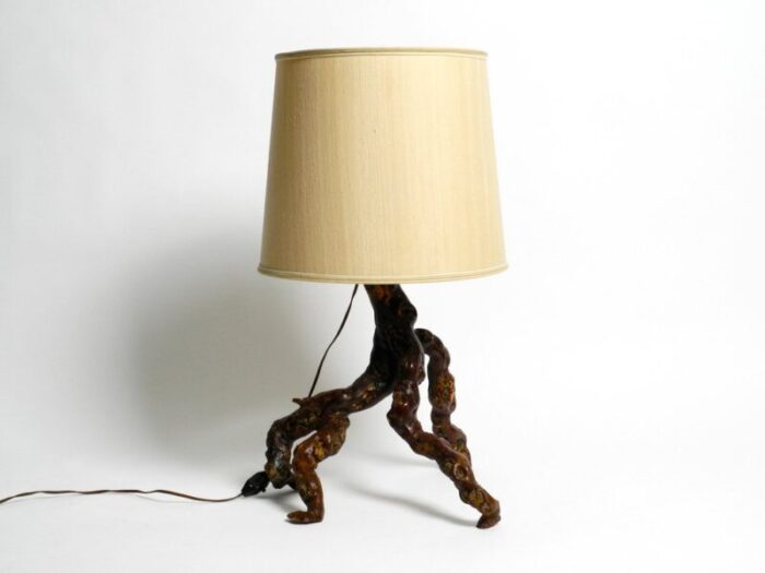 large german root wood table lamp with a large silk shade 1960s 2