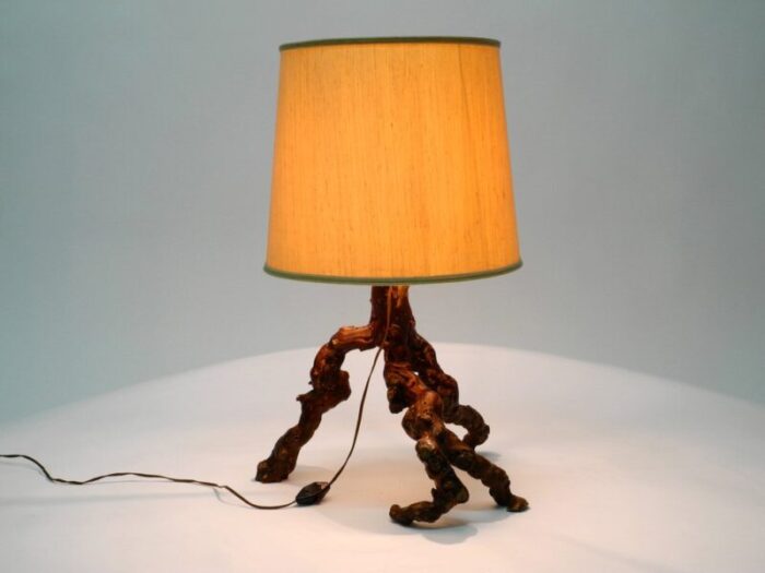 large german root wood table lamp with a large silk shade 1960s 20