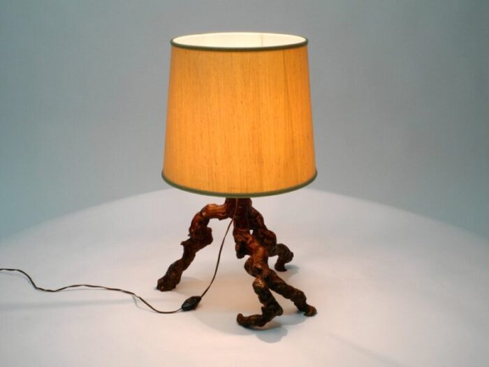 large german root wood table lamp with a large silk shade 1960s 5