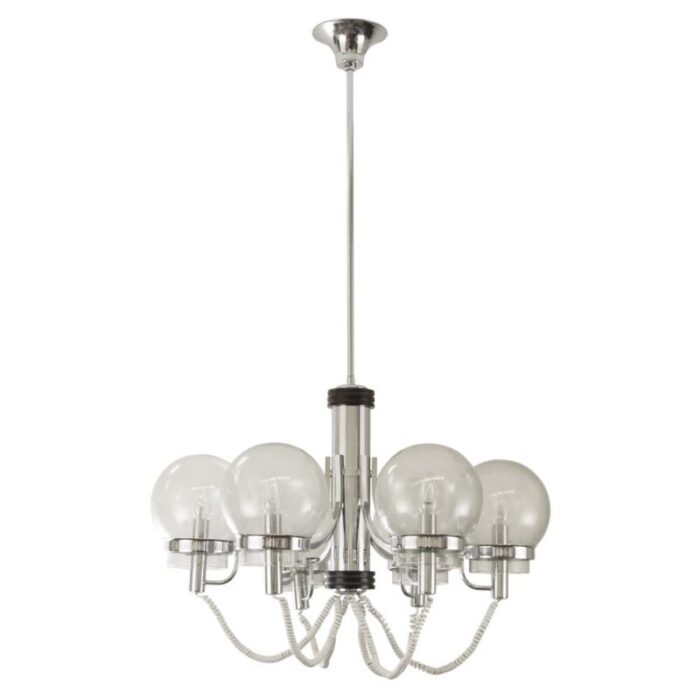 large italian chandelier with chrome frame and glass globes 1970s 2