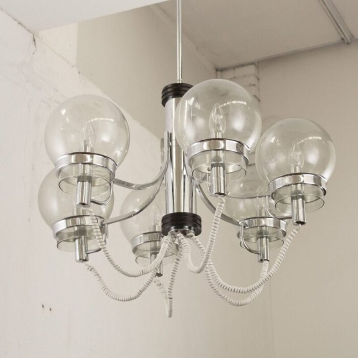 large italian chandelier with chrome frame and glass globes 1970s 3