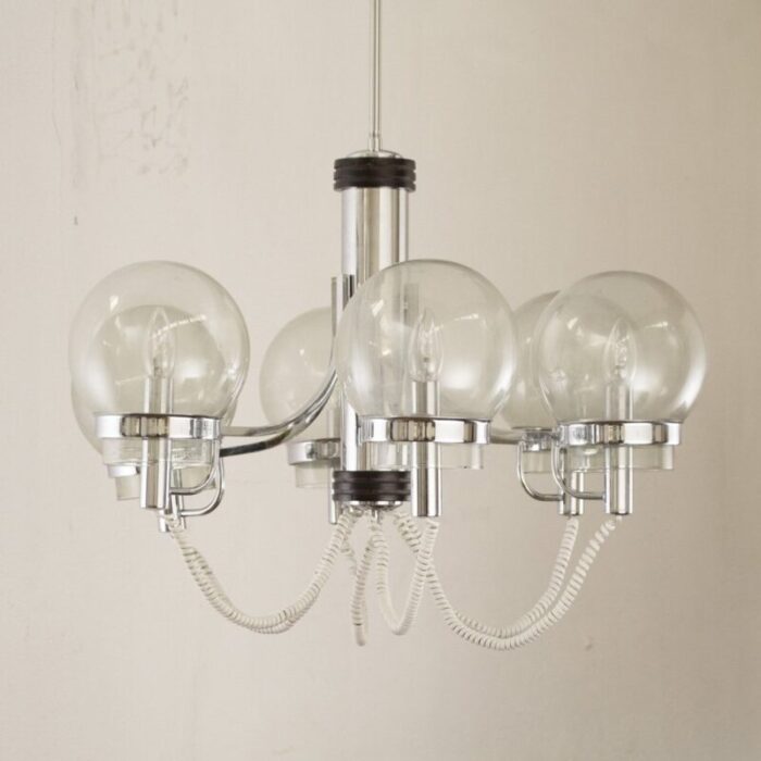 large italian chandelier with chrome frame and glass globes 1970s 4