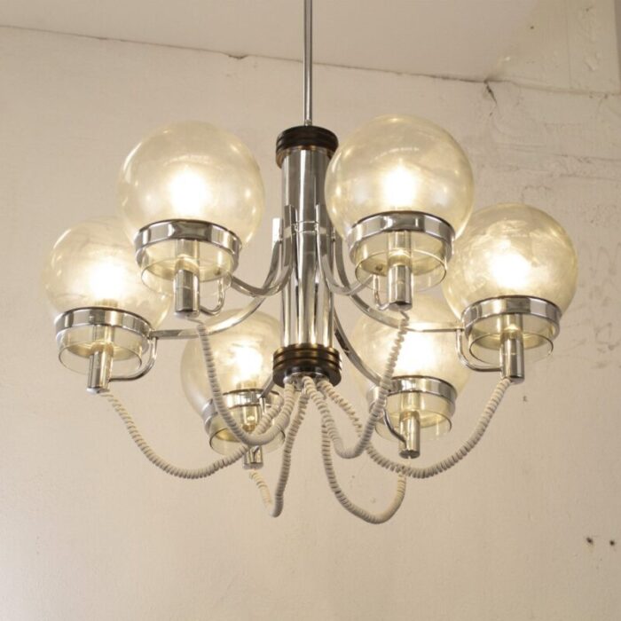 large italian chandelier with chrome frame and glass globes 1970s 5