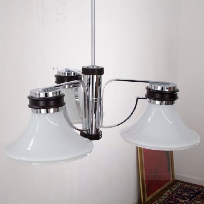 large italian chrome chandelier and opal white glass with 3 lights 1970s 12