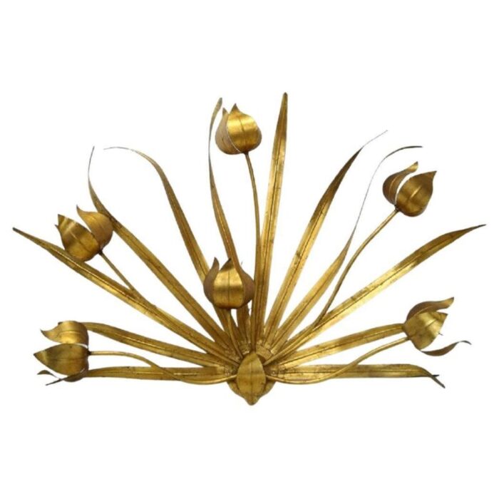 large italian wall lamp with leaves flowers in brass 1960s 1