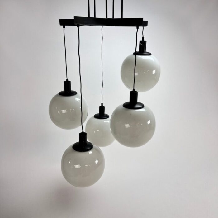 large mid century hanging lamp with 5 white bols 1970s 1