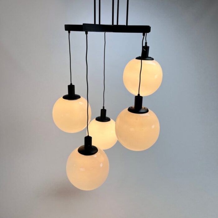 large mid century hanging lamp with 5 white bols 1970s 10