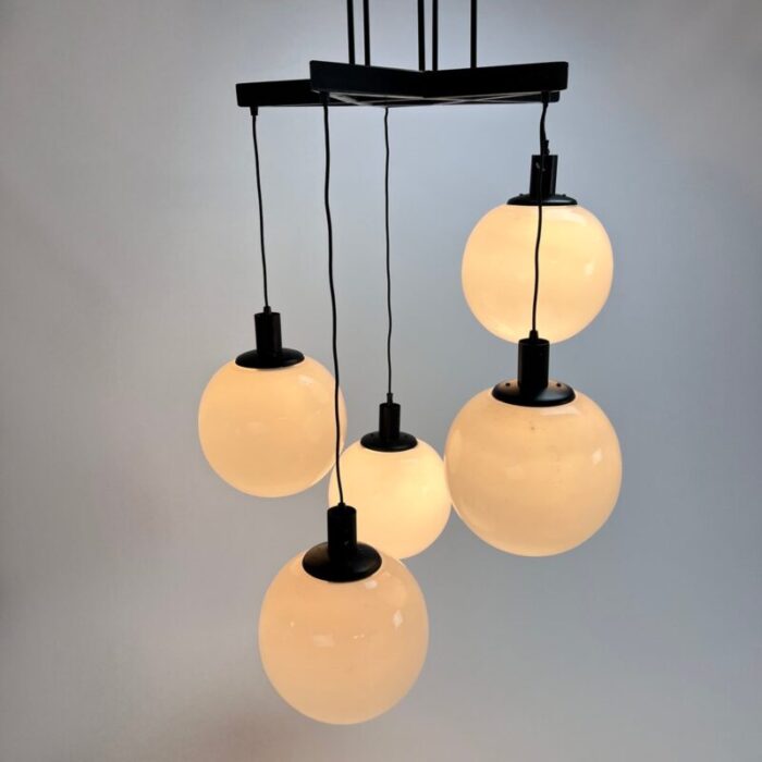 large mid century hanging lamp with 5 white bols 1970s 13