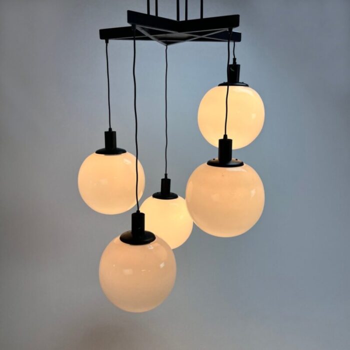 large mid century hanging lamp with 5 white bols 1970s 17